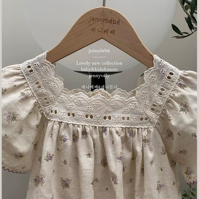 Petalpoise – Vintage Floral Square-Neck Romper for Baby Girls