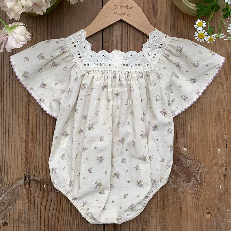 Petalpoise – Vintage Floral Square-Neck Romper for Baby Girls
