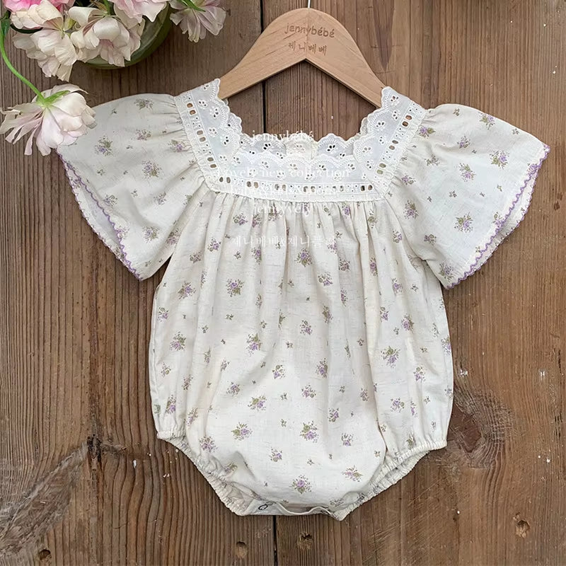 Petalpoise – Vintage Floral Square-Neck Romper for Baby Girls
