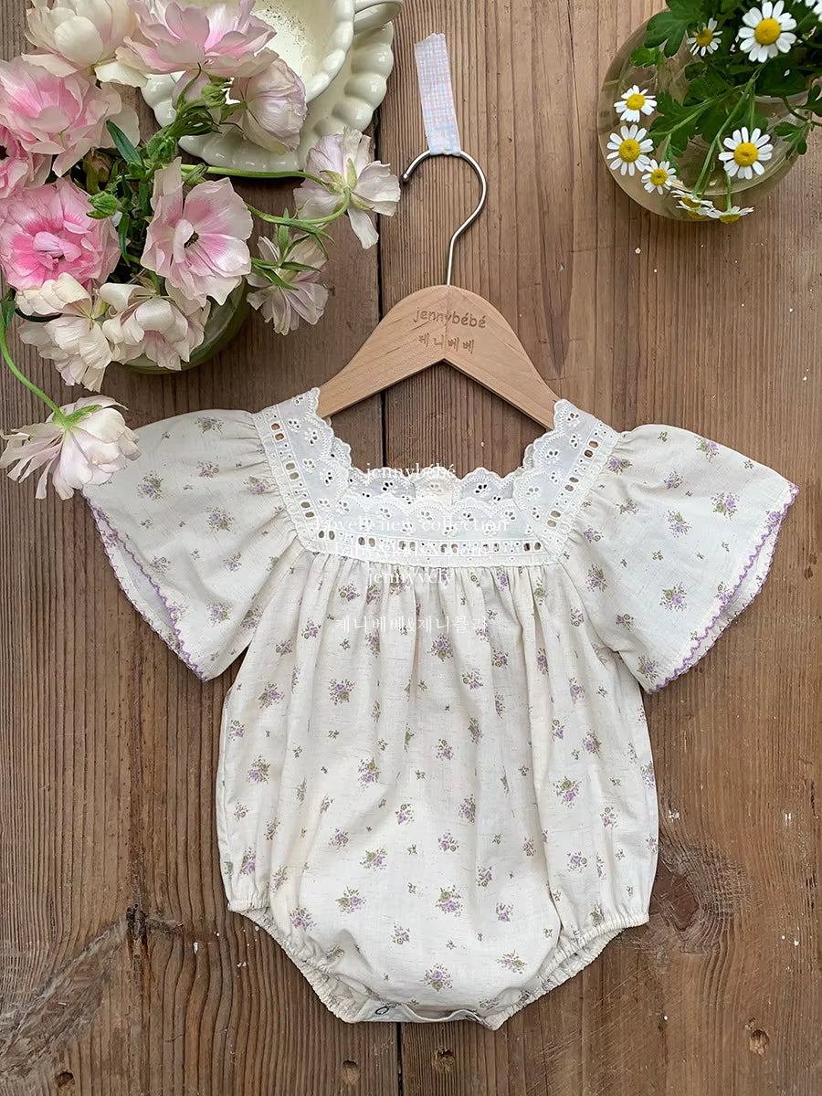 Petalpoise – Vintage Floral Square-Neck Romper for Baby Girls
