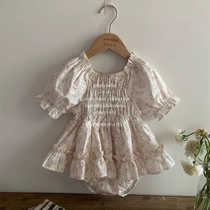 Petalpoise – Vintage Floral Square-Neck Romper for Baby Girls