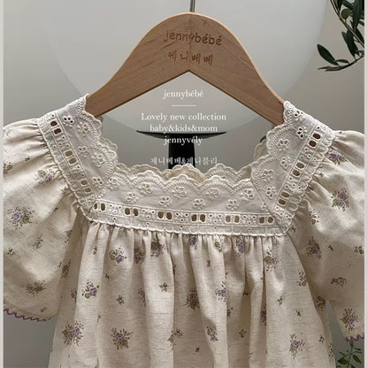 Petalpoise – Vintage Floral Square-Neck Romper for Baby Girls
